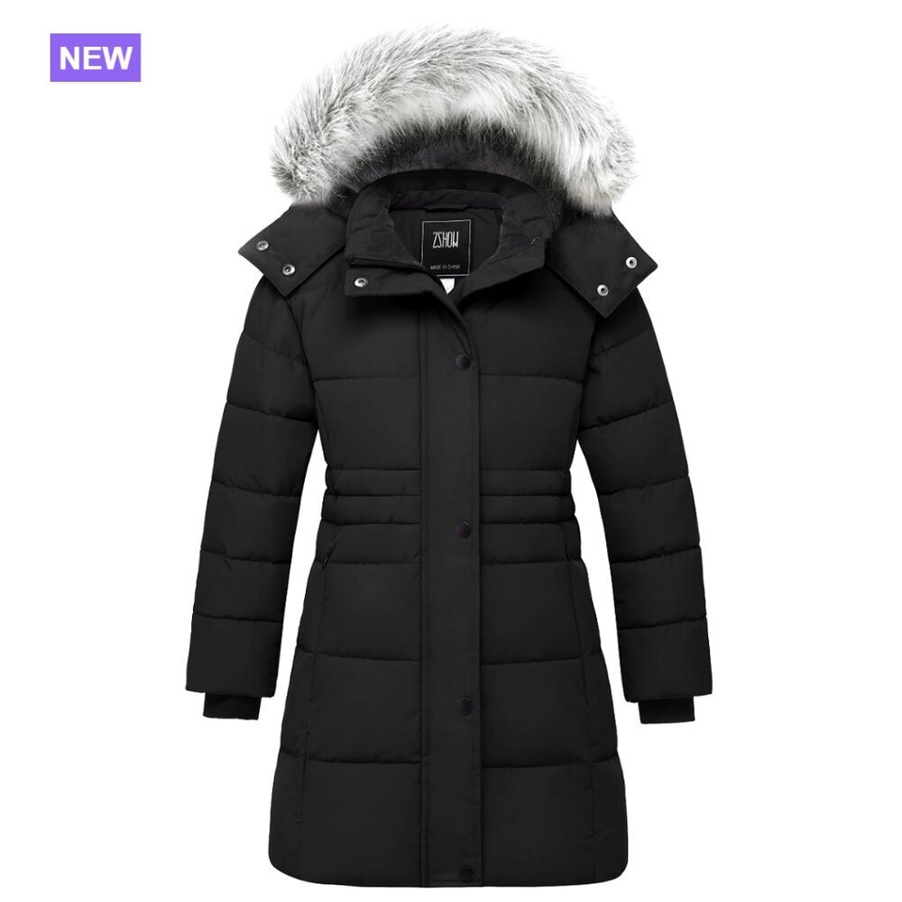 Long Hooded Puffer Jacket with Removable Hood, Fleece Lined, Waterproof